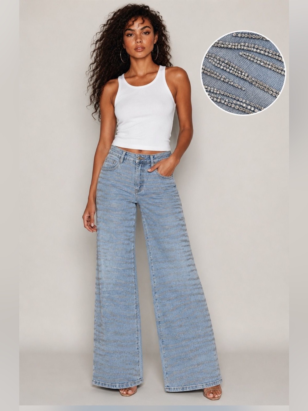 🆕#26~Nina Rossi Crystal Jeans - Small ($198.95 Retail) Wide Leg Embellished